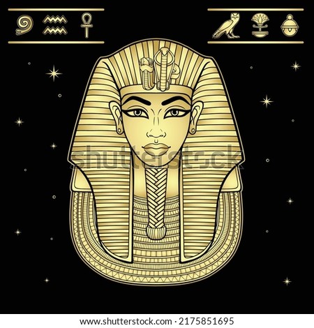 Animation color portrait: King Tutankhamun mask, ancient Egyptian pharaoh. Set of hieroglyphs, stars. Imitation of gold. Vector illustration isolated on a black background.