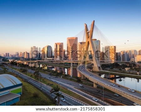 Aerial view of the famous cable-stayed bridge of Sao Paulo city. Royalty-Free Stock Photo #2175858301