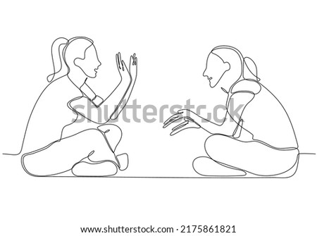 
Single continuous line image of two young female workers chatting casually during office break. Having small talk at work one line concept drawing graphic design vector illustration