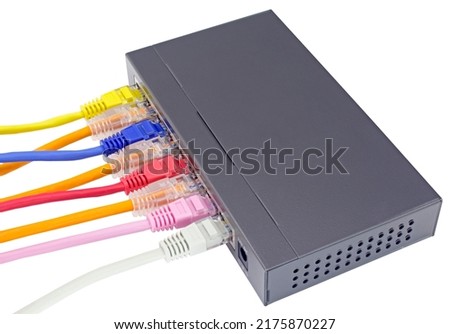 Ethernet cables connected to Desktop Switch or routerboard on white background