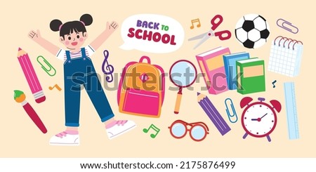 Girl And Stationery, Cute School Banner, Vector, Illustration
