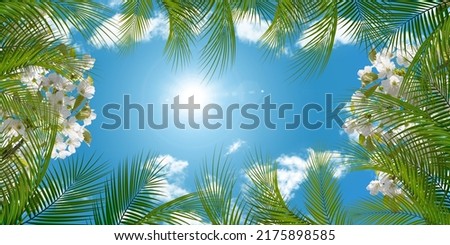 3d stretch ceiling sky model. sun shines in blue sky. palm leaves and white flowers. It can be used as design element, ceiling picture, stretch ceiling and background