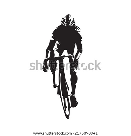 Disabled cyclist riding bike, isolated vector silhouette, front view