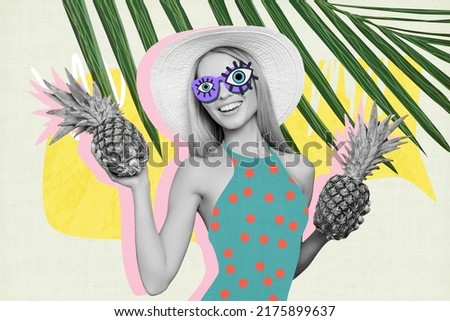 3d retro abstract creative artwork template collage of funny girl lady swag glasses holding pineapples isolated pastel color background