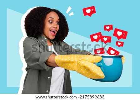 Magazine banner collage of amazed lady hold big pot pan cooking many comments hearts posts isolated