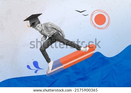 Creative collage illustration of mini boy black white effect surf big eraser painted water wave sun flying birds