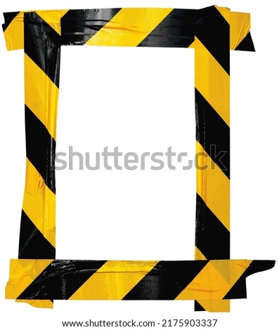 Yellow Black Caution Warning Barricade Tape Notice Sign Frame, Vertical Adhesive Sticker Background Diagonal Hazard Stripes Safety Attention Concept Isolated Closeup, Old Aged Weathered Grunge Pattern