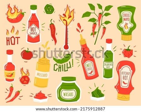 Hot sauces. Sweet chilli, spicy mayo and ketchup bottles. Wasabi, mustard and flaming peppers vector Illustration set. Food natural ingredients used for spices and dips, burning vegetables Royalty-Free Stock Photo #2175912887