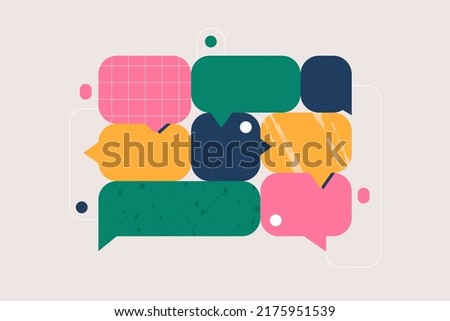 Speech bubbles, communication concept. Colorful geometric shapes. Conversation, rhetoric, discussion symbols. Art of oratory, public speaking. Isolated abstract flat vector illustration Royalty-Free Stock Photo #2175951539