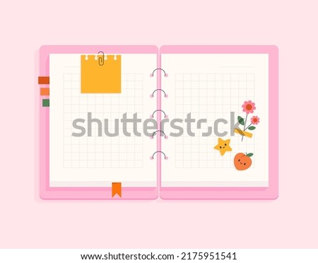 Open diary, blank notebook. Cute pink notepad with stickers, notes, flowers. Top view of a diary on the desk. Workbook for school, planner, personal organizer. Isolated flat vector illustration Royalty-Free Stock Photo #2175951541
