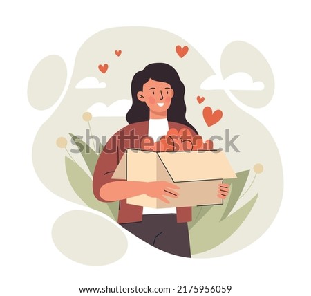 Humanitarian day concept. Happy woman with box of hearts. Metaphor of donations and charity. Help, love and support. Greeting postcard, international holidays. Cartoon flat vector illustration Royalty-Free Stock Photo #2175956059