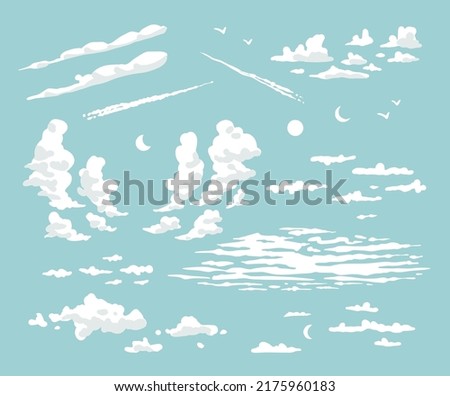 Clouds of various shapes. Kinds of cloudy sky. Elements for nature outdoor camping design