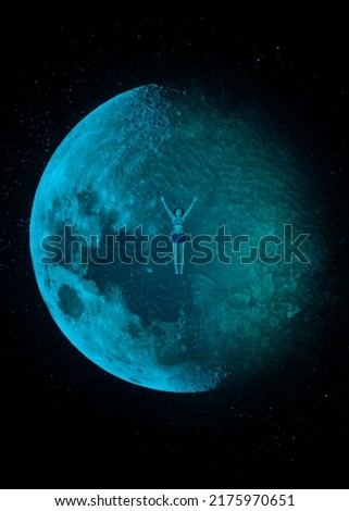The woman is woman floating on the moon. The opened arms. Freedom, hallucination, astral projection and dreaming concept. Royalty-Free Stock Photo #2175970651