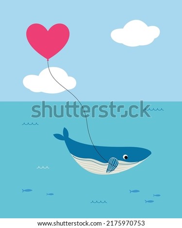 whale with balloon valentine card graphic vector