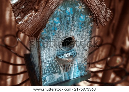 Wooden Birdhouse Weathered in Garden with Blue Flowers
