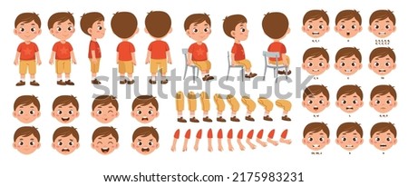 Set of elements for creating boy character animation. Little schoolboy with different emotions, gestures and poses. Arms, legs and other body parts construction. Cartoon flat vector collection Royalty-Free Stock Photo #2175983231