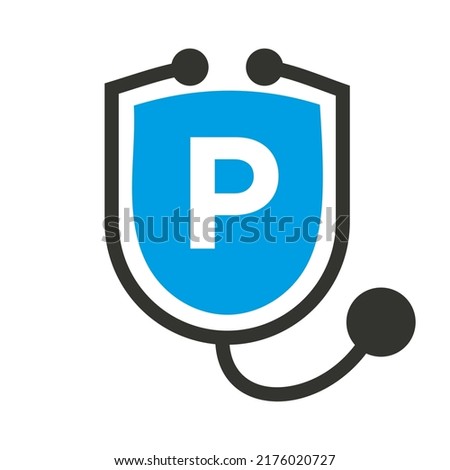 Letter P Healthcare Logo. Doctor and Medical Logotype on Letter P Concept with Shield Stethoscope Sign