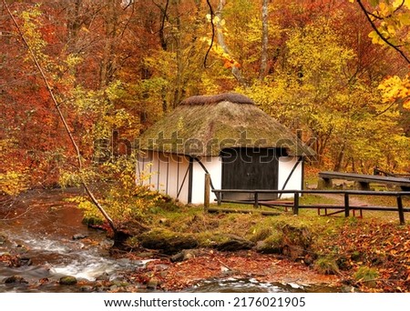 A cottage in the countryside in autumn landscape beside a river in Europe. Peaceful and quiet nature scene of rustic barn or boathouse near calm water and changing season of red and yellow leaves Royalty-Free Stock Photo #2176021905