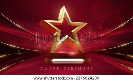 Award ceremony background with 3d gold star element and glitter light effect decoration. Royalty-Free Stock Photo #2176024239