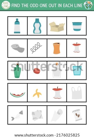 Find the odd one out. Ecological logical activity for children. Eco awareness zero waste educational quiz worksheet for kids for attention skills. Simple printable game with waste sorting concept
 Royalty-Free Stock Photo #2176025825