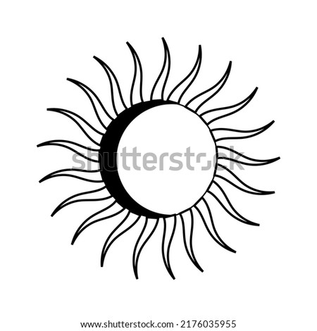solar eclipse on white background, minimalistic stylized sun and moon sketch, simple hand drawn sun sketch.