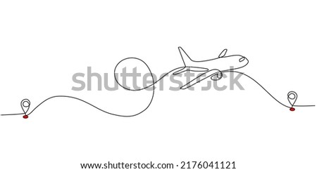 Continuous line drawing of aircraft flight routes and airport destinations. airplane line path icon of airplane flight route with starting point location and single line trail in doodle style. Royalty-Free Stock Photo #2176041121