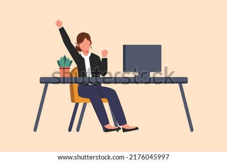 Business flat drawing happy businesswoman sitting on workplace with raised one hand high and raised the other. Female worker celebrates success business achievement. Cartoon design vector illustration