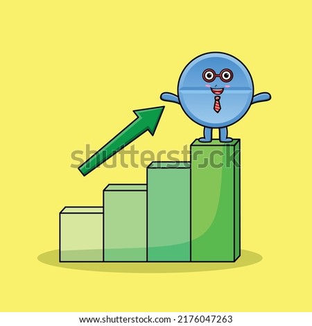 Pill medicine cute businessman mascot character with a deflation chart cartoon style design