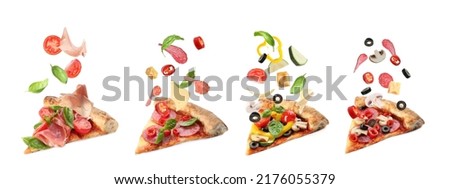Slices of delicious pizzas and flying ingredients on white background, collage. Banner design Royalty-Free Stock Photo #2176055379