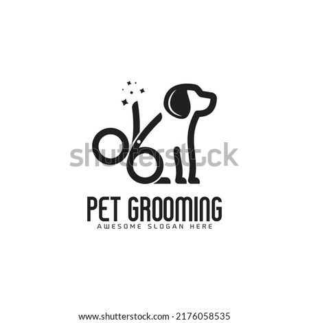 creative simple scissor with dog logo design, pet grooming logo concept in linear style modern vector template icon Royalty-Free Stock Photo #2176058535