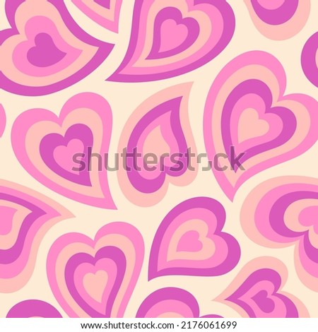 Groovy Hearts Seamless Pattern. Psychedelic Distorted Vector Background in 1970s-1980s Hippie Retro Style for Print on Textile, Wrapping Paper, Web Design and Social Media. Pink and Purple Colors. Royalty-Free Stock Photo #2176061699