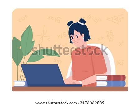 Studying math after school 2D vector isolated illustration. Female student flat character on cartoon background. Academic enrichment. Colourful editable scene for mobile, website. Comfortaa font used