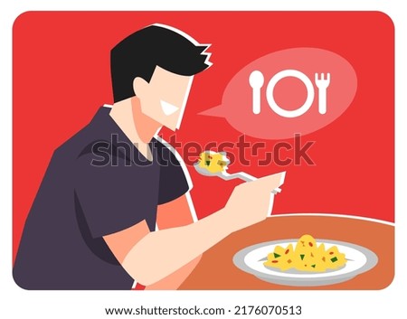 illustration of a man eating food at the table. showing cutlery, fork, spoon, plate icons. isolated red background. concepts of health, food, nutrition, needs, etc. flat vector