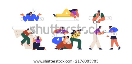 Search bars and people browsing online information, surfing internet. Characters look for and find query in web browser set. SEO concept. Flat graphic vector illustration isolated on white background Royalty-Free Stock Photo #2176083983