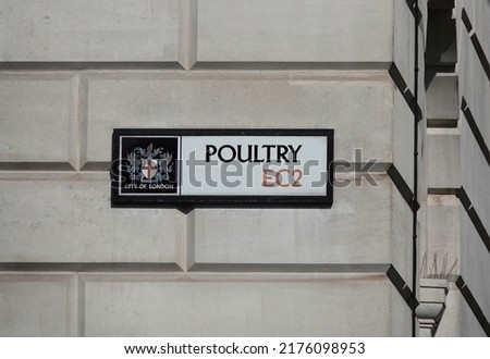 Poultry street sign in the City of London EC2, UK.