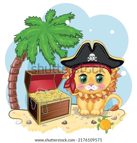 Lion pirate, cartoon character of the game, wild animal cat in a bandana and a cocked hat with a skull, with an eye patch. Character with bright eyes and treasure chest