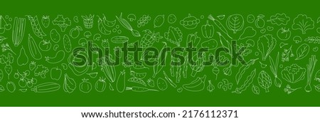 Seamless background pattern of organic farm fresh fruits and vegetables. Vector illustration. Outline thin line style doodle design. Green and white