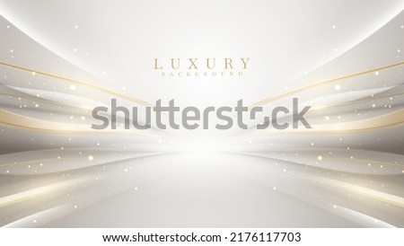 Luxury white background with golden line elements and curve light effect decoration and bokeh. Royalty-Free Stock Photo #2176117703