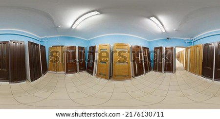 Full spherical 360 degrees seamless panorama in interior wooden door store shop in equirectangular projection, VR content