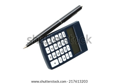 Calculator with pen isolated on white