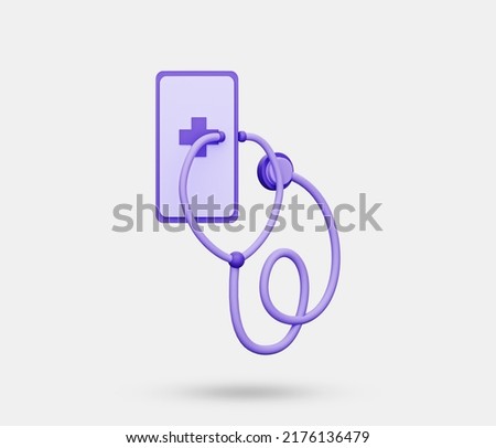 Stethoscope and smartphone 3d icon. Healthcare illustration. Medical clip art isolated on white background. 3d rendered illustration