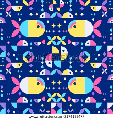 Neon fishes. Seamless geometric pattern with bright fishes in neo geo style on a blue background. Great for modern style home decor, accessories, clothes and bags and other projects.