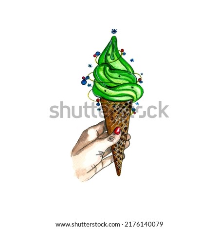 Watercolor illustration of woman hand with red fingernails holding the green ice-cream cone, like a new year tree,isolated on white background. 