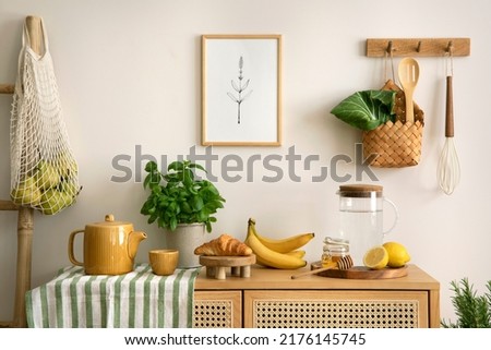 Interior design of kitchen space with rattan commode,  chair, herbs, vegetables, food and kitchen accessories in modern home decor. Mock up poster. Template. 