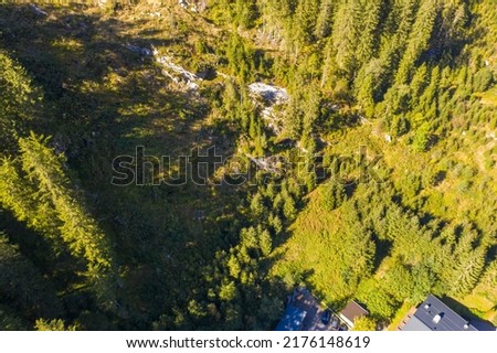 Aerial panoramic view of Krimmler Waterfalls (Krimmler Wasserfalle) and the surroundings forest in Krimml, Austria. The Krimml Waterfalls (total height of 380 metres) the highest waterfall in Europe