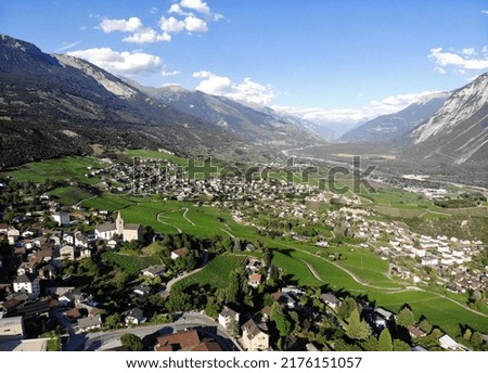 Miege and Siierre sight from Venthone village, Valais, Switzerland, swiss alps, Crans-Montana Royalty-Free Stock Photo #2176151057