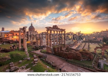 Rome, Italy at the historic Roman Forum ruins at dusk. Royalty-Free Stock Photo #2176156753