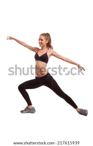 sport girl doing yoga stretching exercise, studio shot. isolated over white background