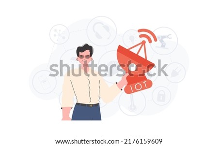 A man holds a satellite dish in his hands. Internet of things concept. Good for presentations and websites. Vector illustration in trendy flat style.