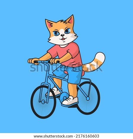 Cute ginger cat rides a bike. Cartoon vector character for children